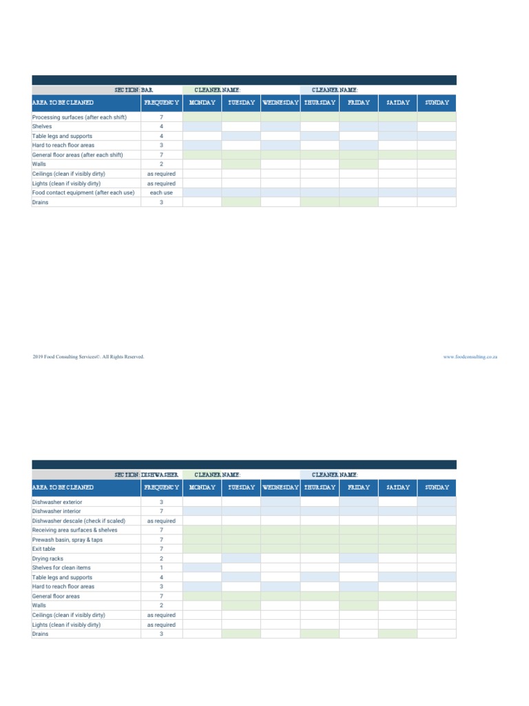 FCS Bar Master Cleaning Schedule 2019 | PDF | Dishwasher | Refrigerator
