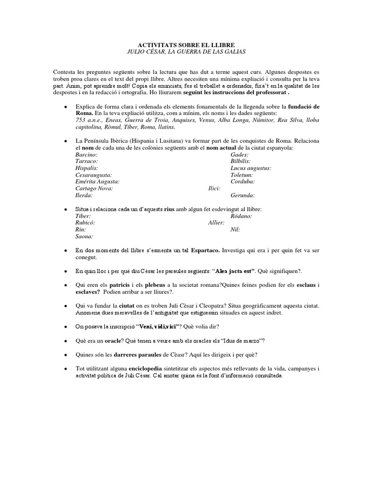 Activitats Sobre El Llibre Julio Cesar La Guerra De Las Galias PDF