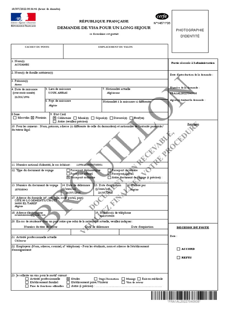 Demande de Visa Long Séjour France | PDF | Visa (Document ...