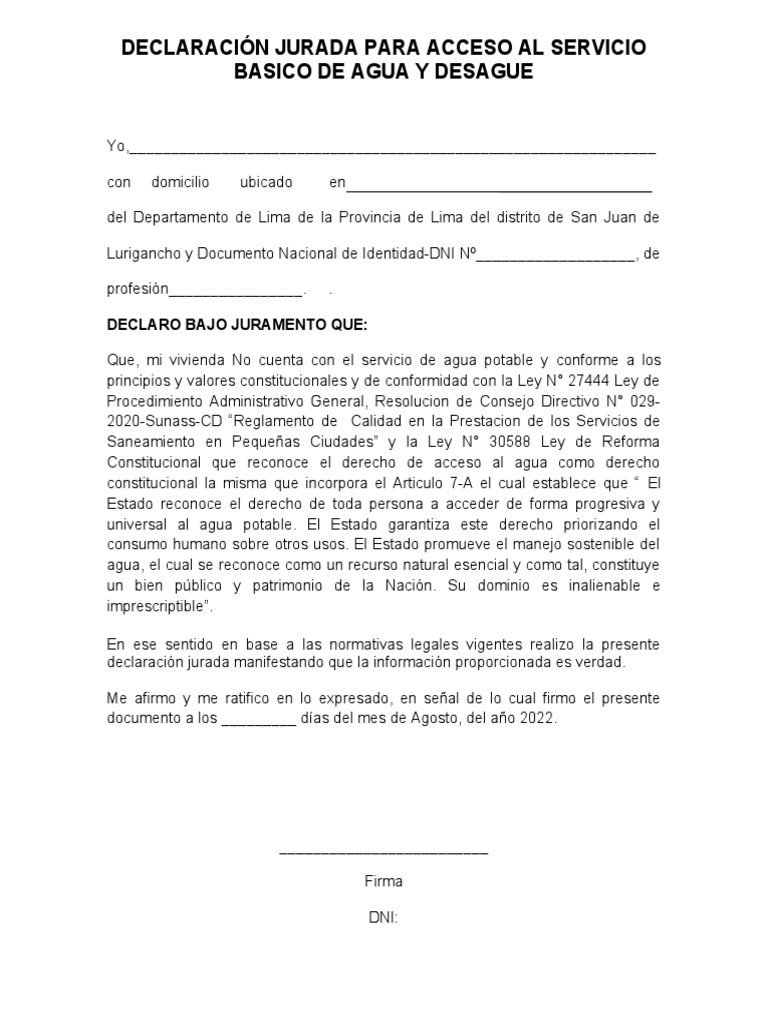 Declaracion Jurada para El Servicio de Agua | PDF