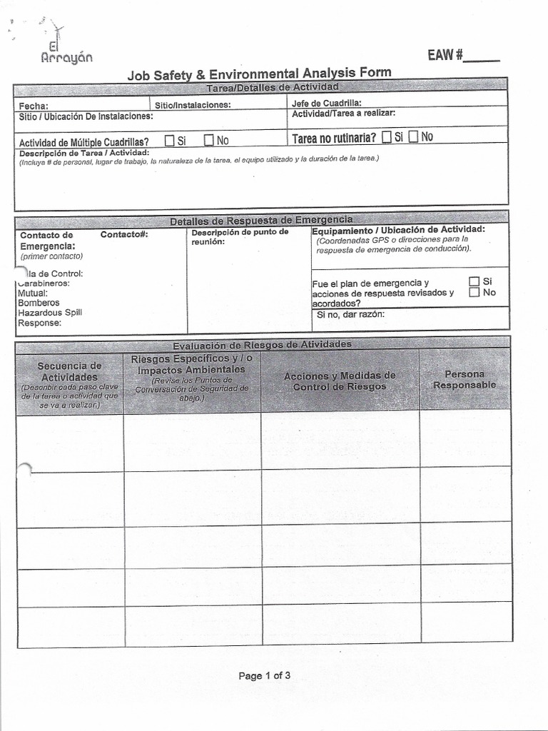 Job Safety & Environmental Analysis Form PDF
