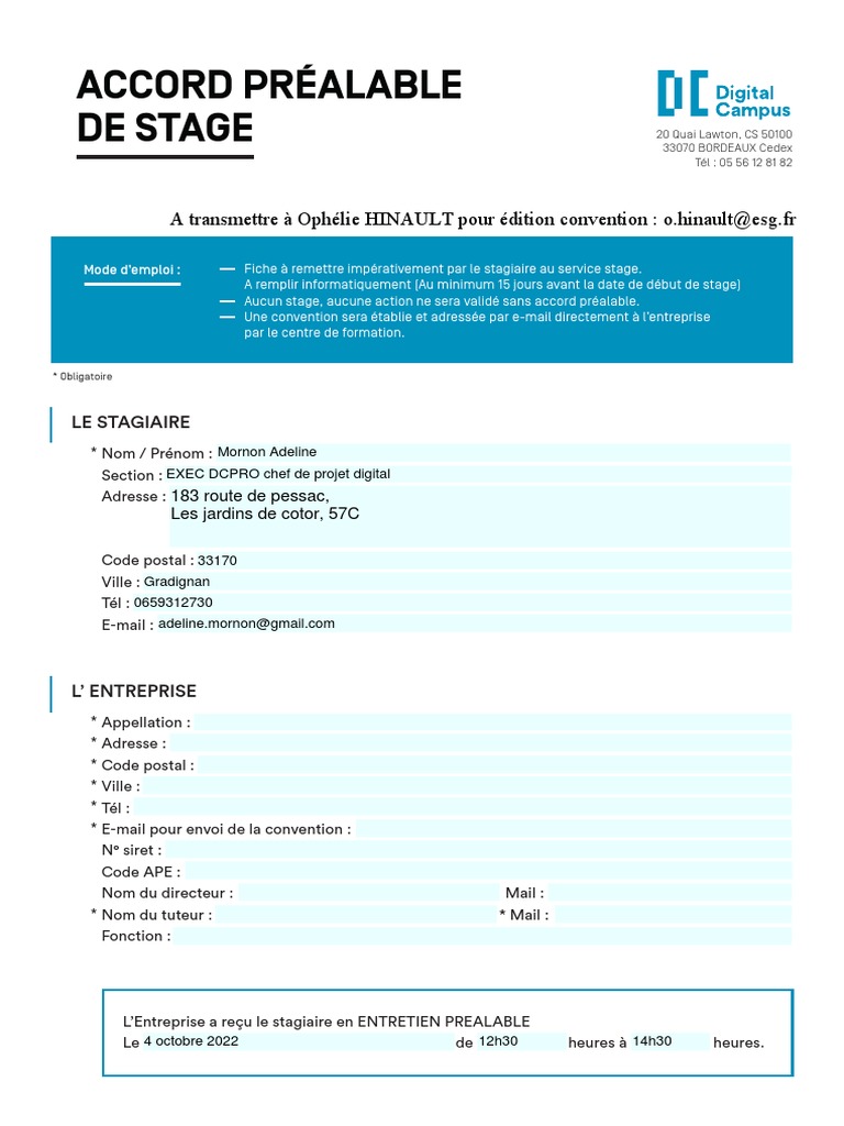 DC Accord Prealable de Stage Editable | PDF