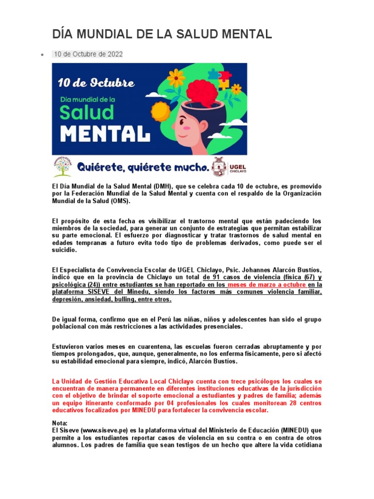 Día Mundial de La Salud Mental | PDF | Relaciones personales, crianza y ...