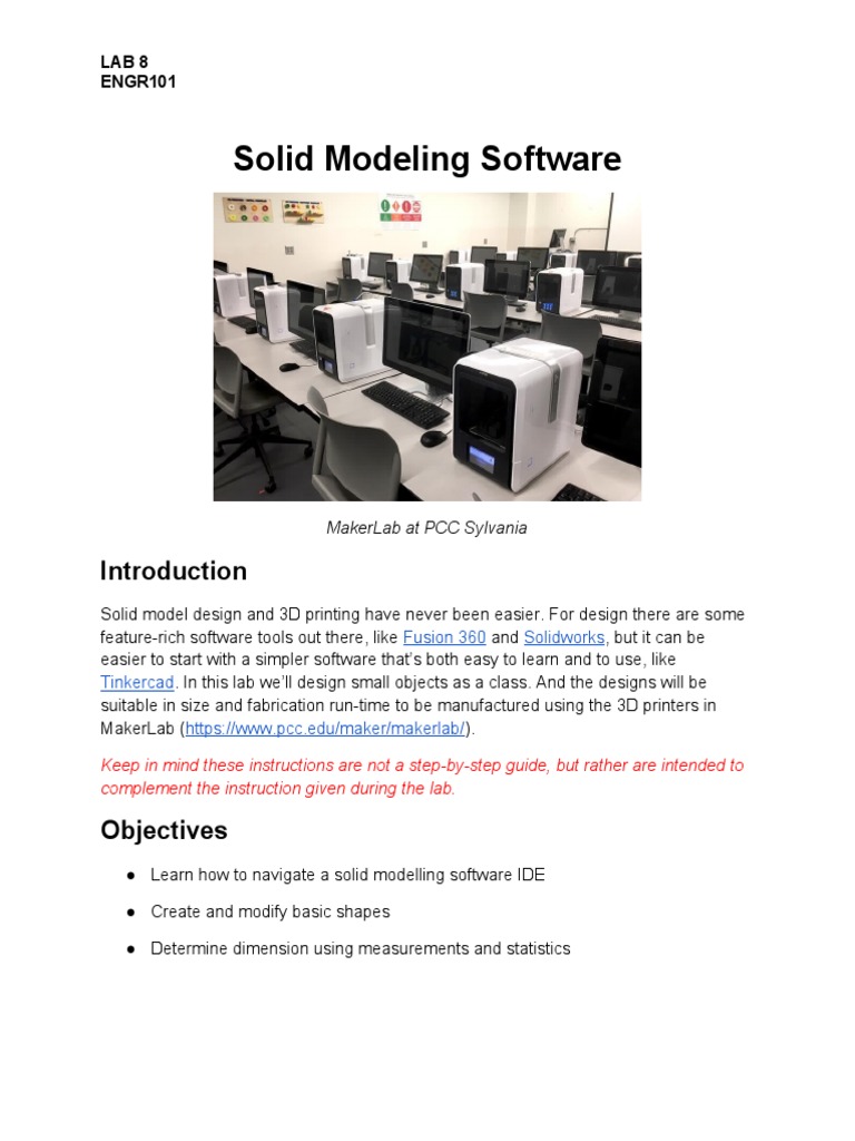 Solid Modeling Software: Lab 8 ENGR101 | PDF | 3 D Printing | 3 D ...
