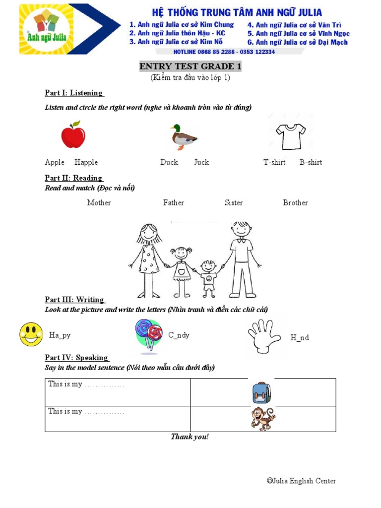 Entry Test Grade 1 PDF