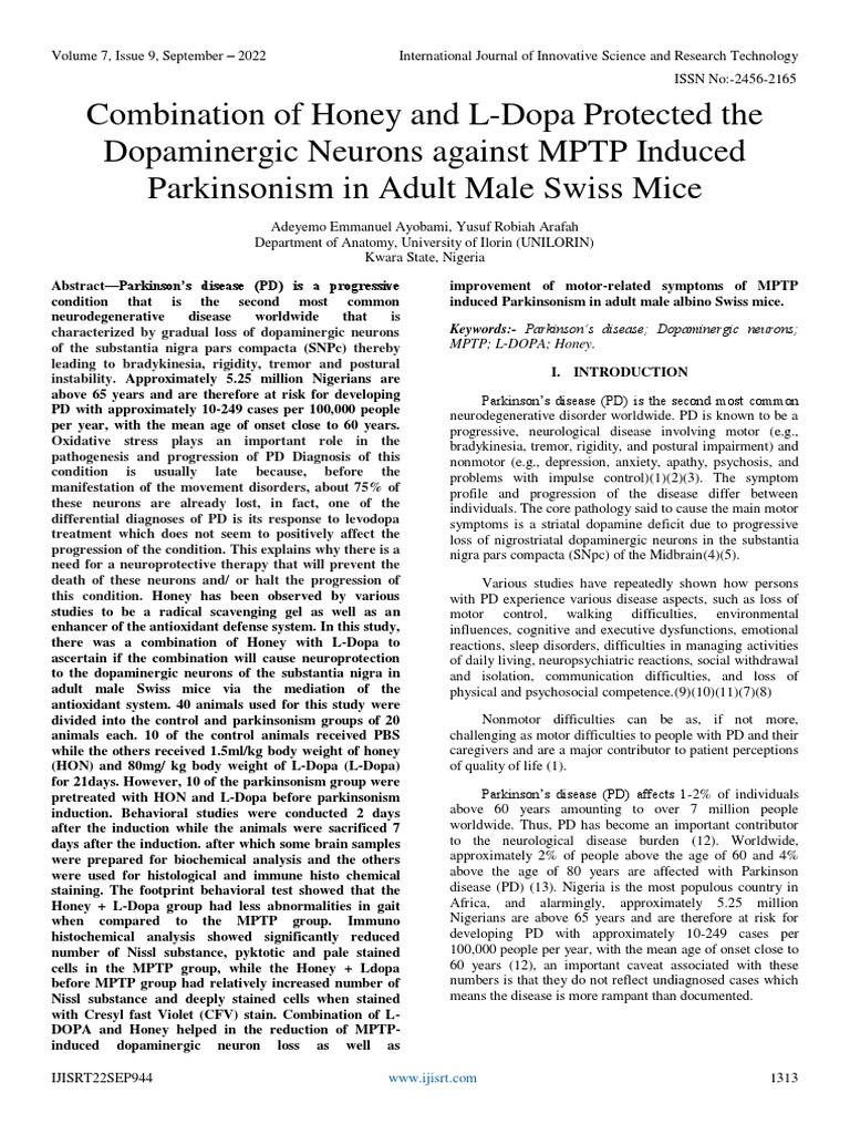 Combination of Honey and L-Dopa Protected The Dopaminergic Neurons ...