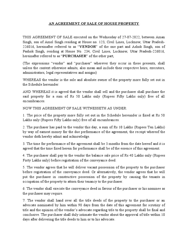 An Agreement of Sale of House Property PDF