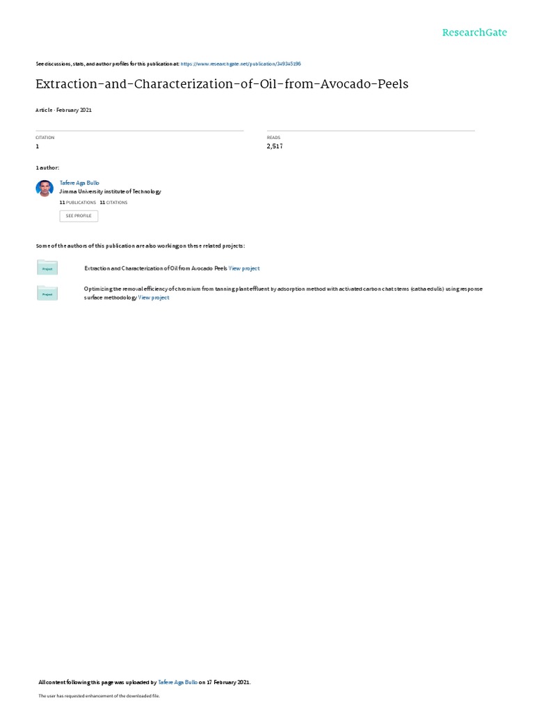 Optimization of Oil Extraction from Avocado Peels for Use in