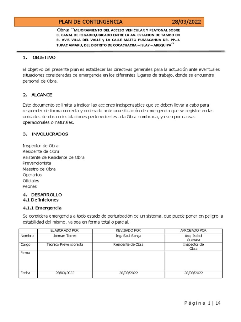 Plan de Contingencia para Emergencias en Obra | PDF | Epidemias ...