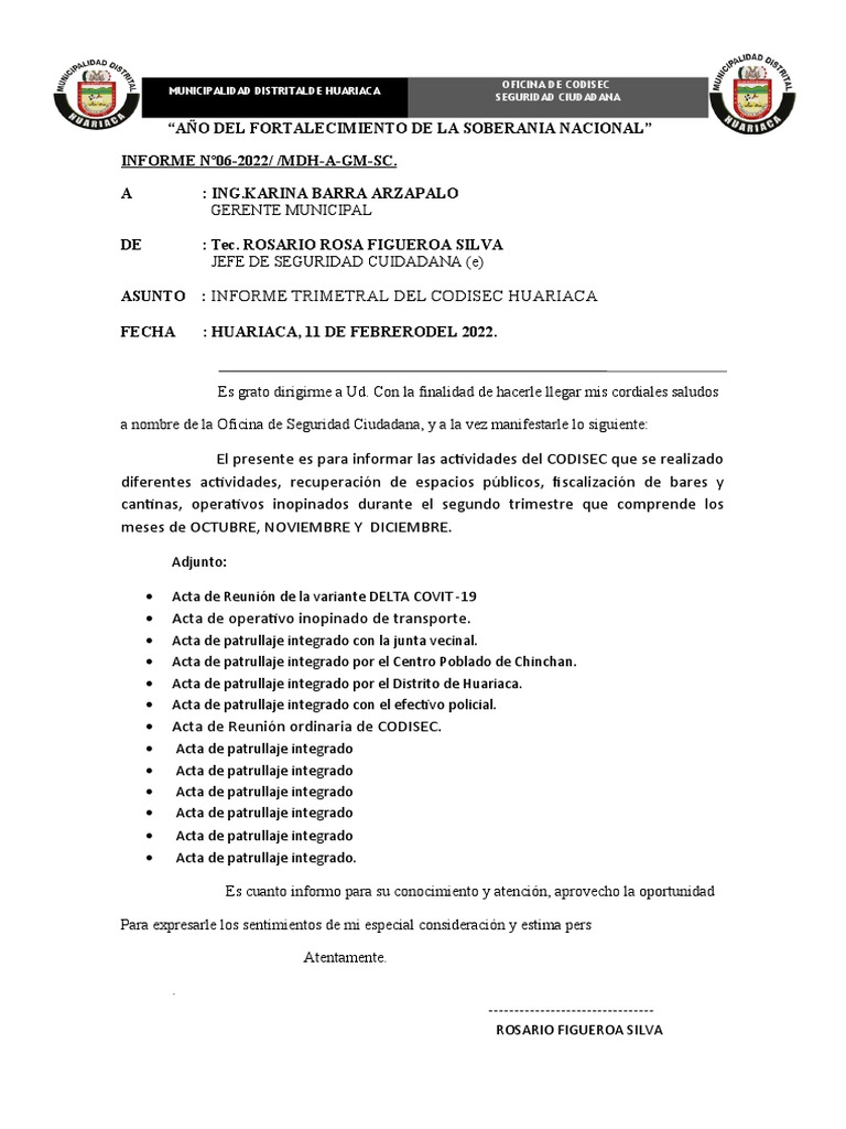 Informe Trimestral CODISEC Huariaca 2022 | PDF