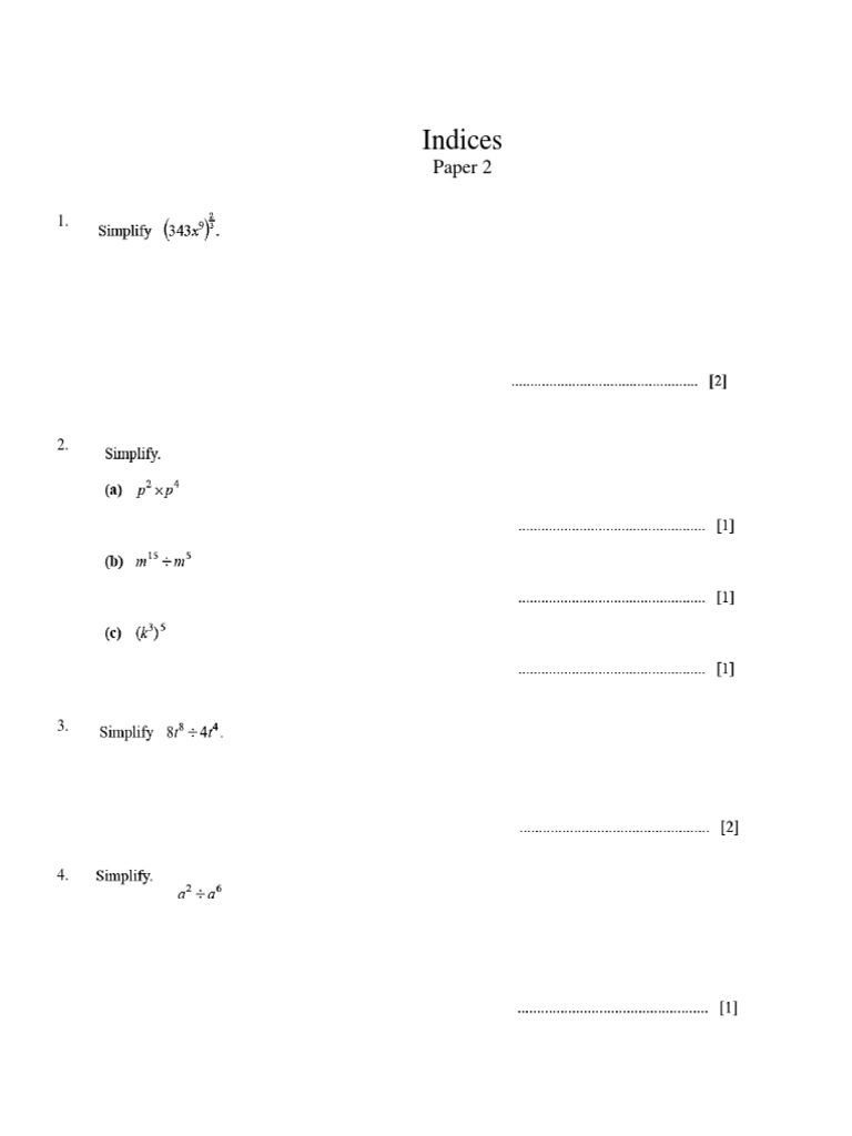 Indices Worksheet PDF