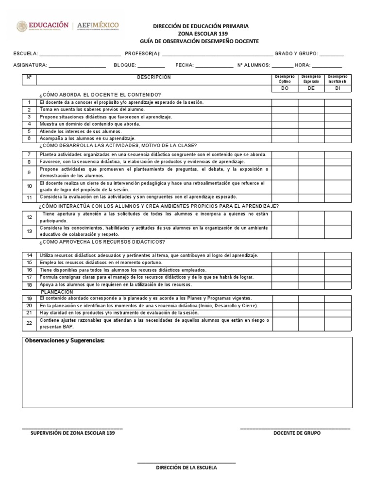 Guía de Observación del Desempeño Docente | PDF | Aprendizaje | Maestros