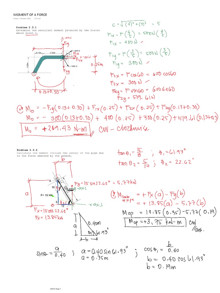 ES101 Moment of A Force - Problem Exercises Soln | PDF