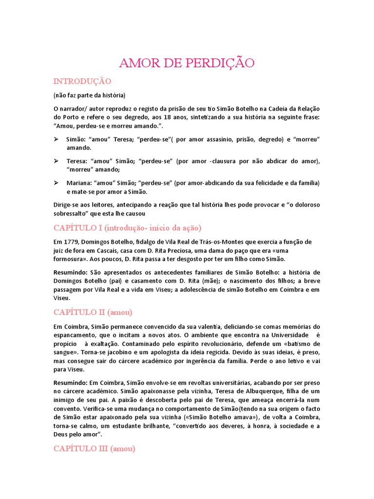 RESUMO Amor de Perdição | PDF