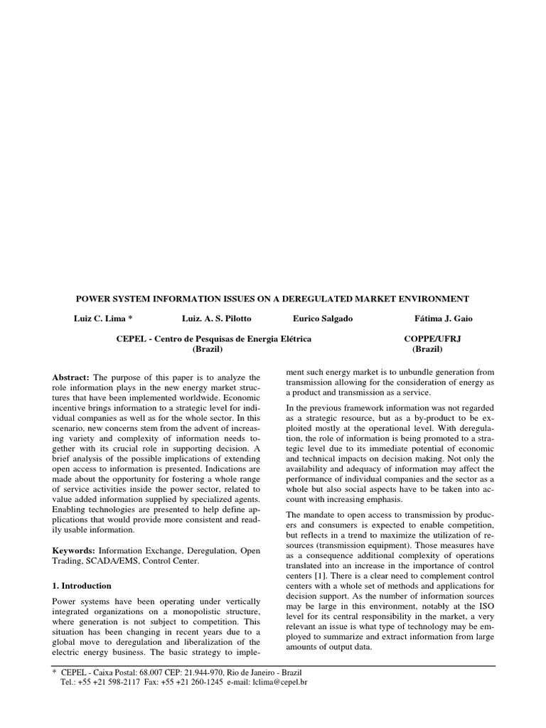 Power System Information Issues On A Deregulated Market Environment