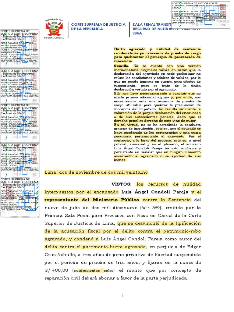Nulidad por Falta de Prueba en Hurto | PDF | Derecho penal | Sentencia