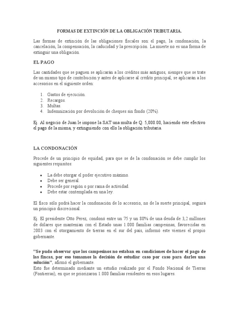 Formas de Extinción de La Obligación Tributaria | PDF | Pagos ...