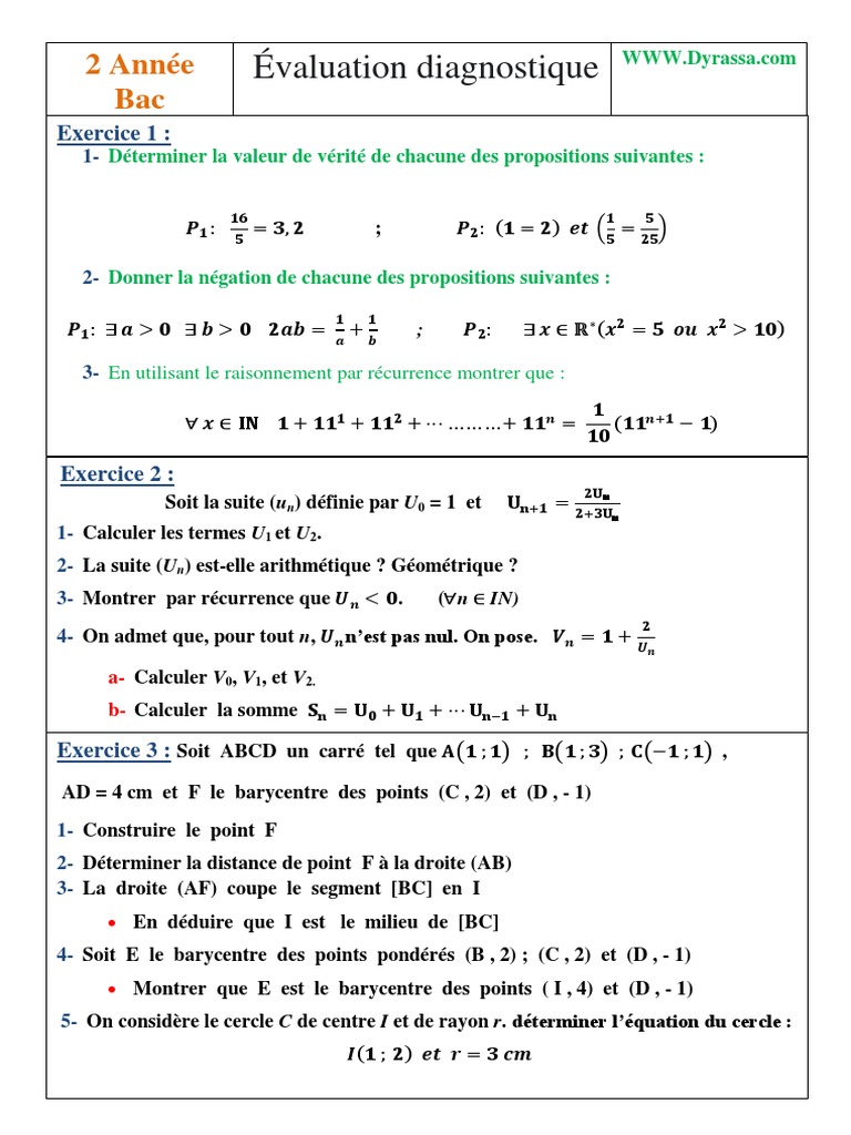 Evaluation Diagnostique Maths Deuxieme Bac Sciences PDF 3 | PDF ...
