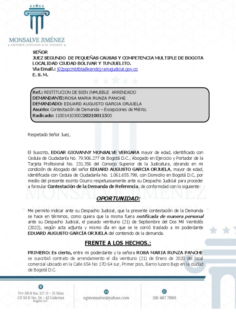 Contestación a Demanda de Restitución Inmueble | PDF | Justicia ...