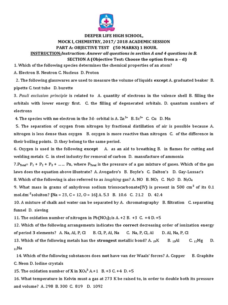 Ss 3 Chemistry Mock 2 Exam First Term 2017 18 Pdf Gases Chlorine