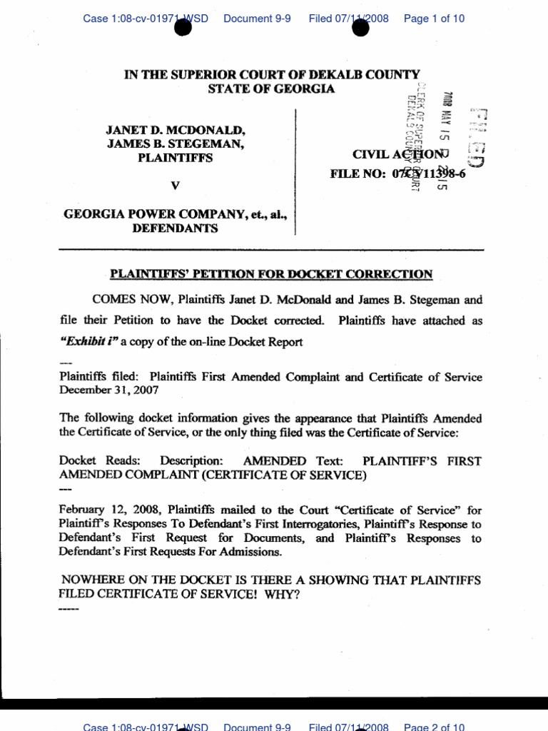 In Superior Court McDonald/Stegeman v. Georgia Power, Et., Al., Plaintiffs'  Petition To Correct The Docket | PDF | Wisconsin Circuit Courts | Complaint