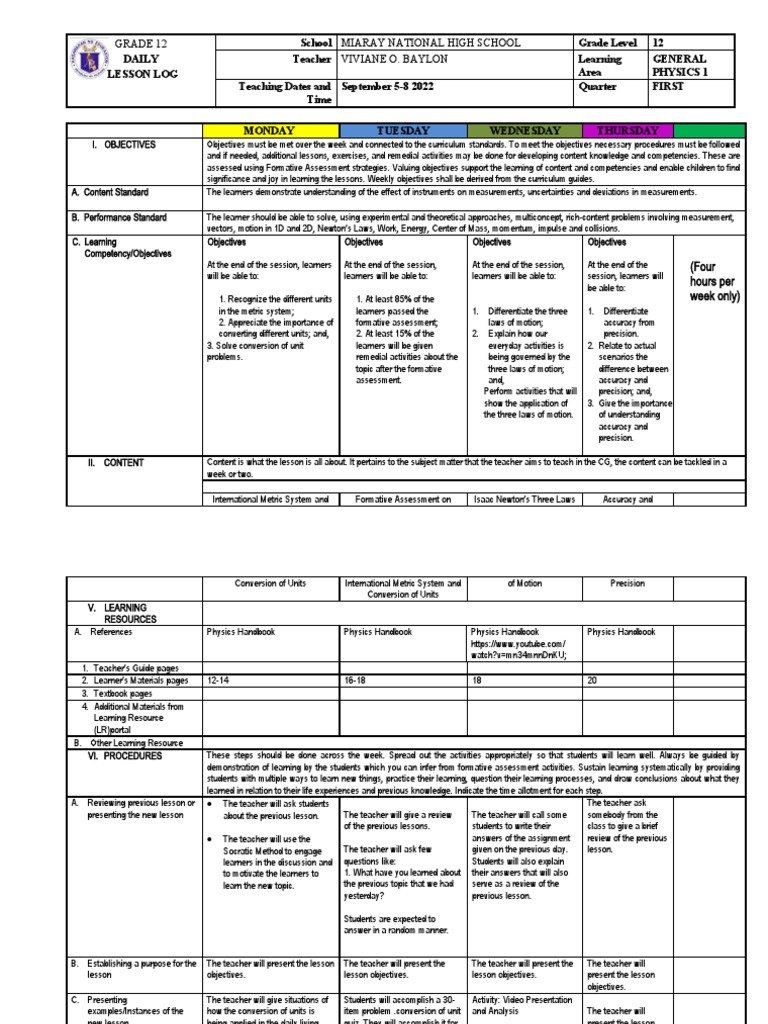 General Physics 1 Lesson Plan | PDF | Learning | Teachers