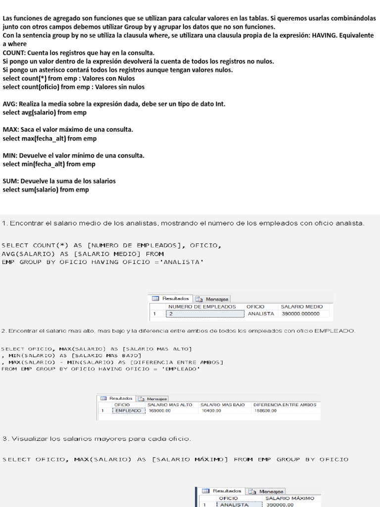 Funciones de Agregado y Joins en SQL | PDF | Informática | Gestión de datos