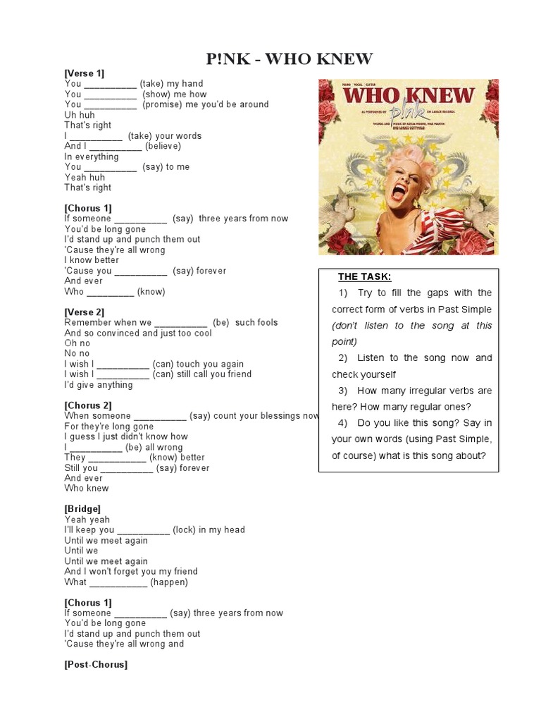 pinkwhoknewworksheetpastsimpleactivitieswithmusicsongsnursery