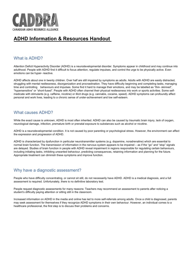 Caddra adhd information resources handout pdf attention deficit