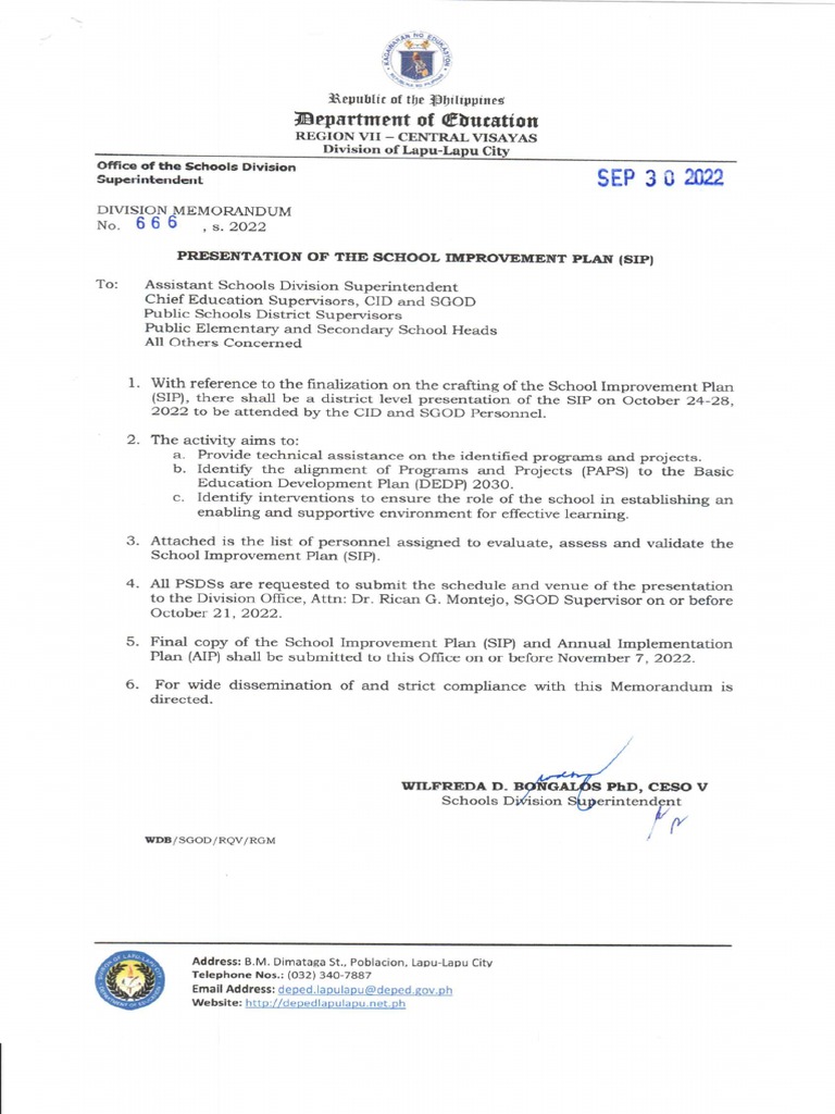 DM No. 666 S. 2022 Presentation of The School Improvement Plan SIP | PDF