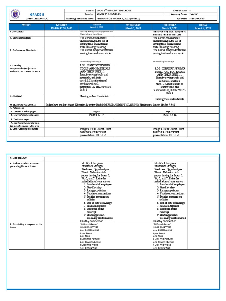 Dll grade 7 week 1 pdf sewing seam sewing 
