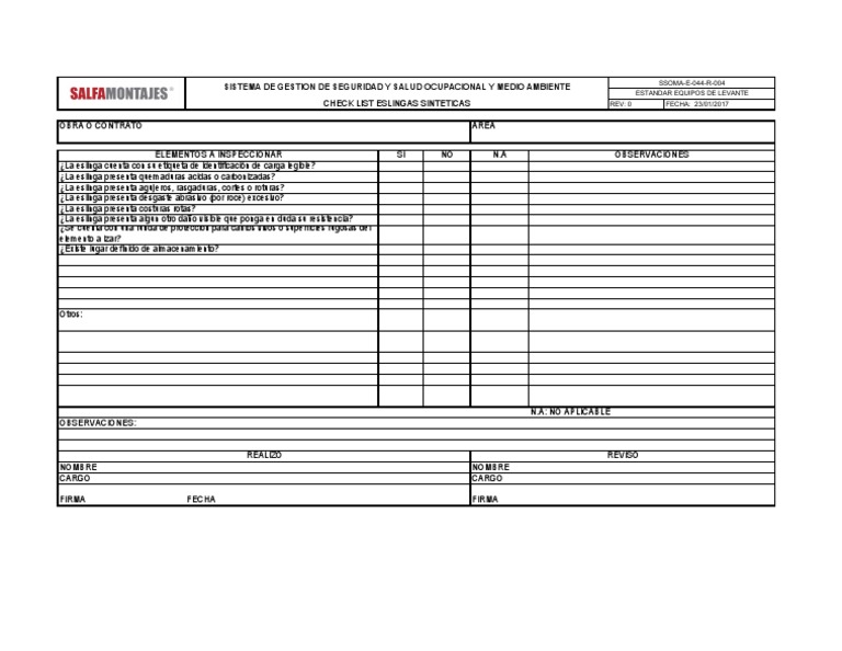 SSOMA-E-044-R-004 Check List Eslinga Sintética Rev.0 | PDF