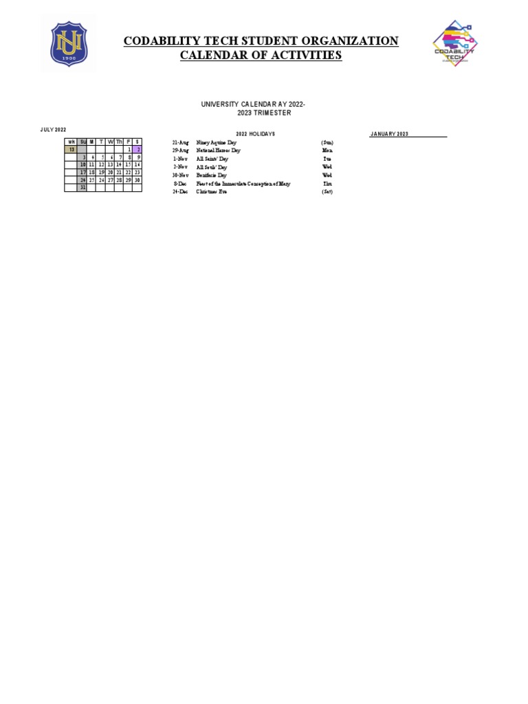 Calendar of Activities - Codability Tech Student Organization | PDF