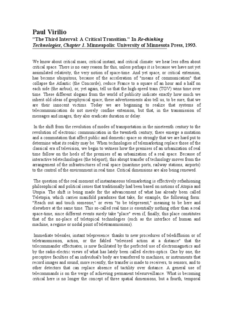 Virilio on Speed, Space, and Technology PDF Time Space