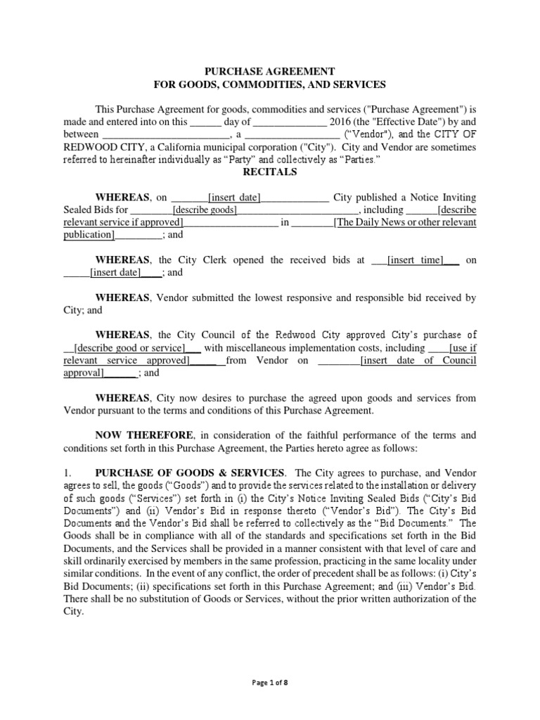 Redwood City Purchase Agreement Template | PDF | Liability Insurance ...