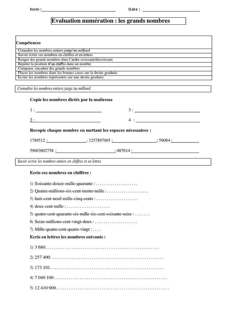 évaluation Cm2 Les Grands Nombres Evaluation Les Grands Nombres | PDF