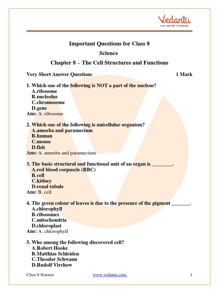 Class 8 Cell Structure & Function Q&A | PDF | Cell (Biology) | Cell Nucleus