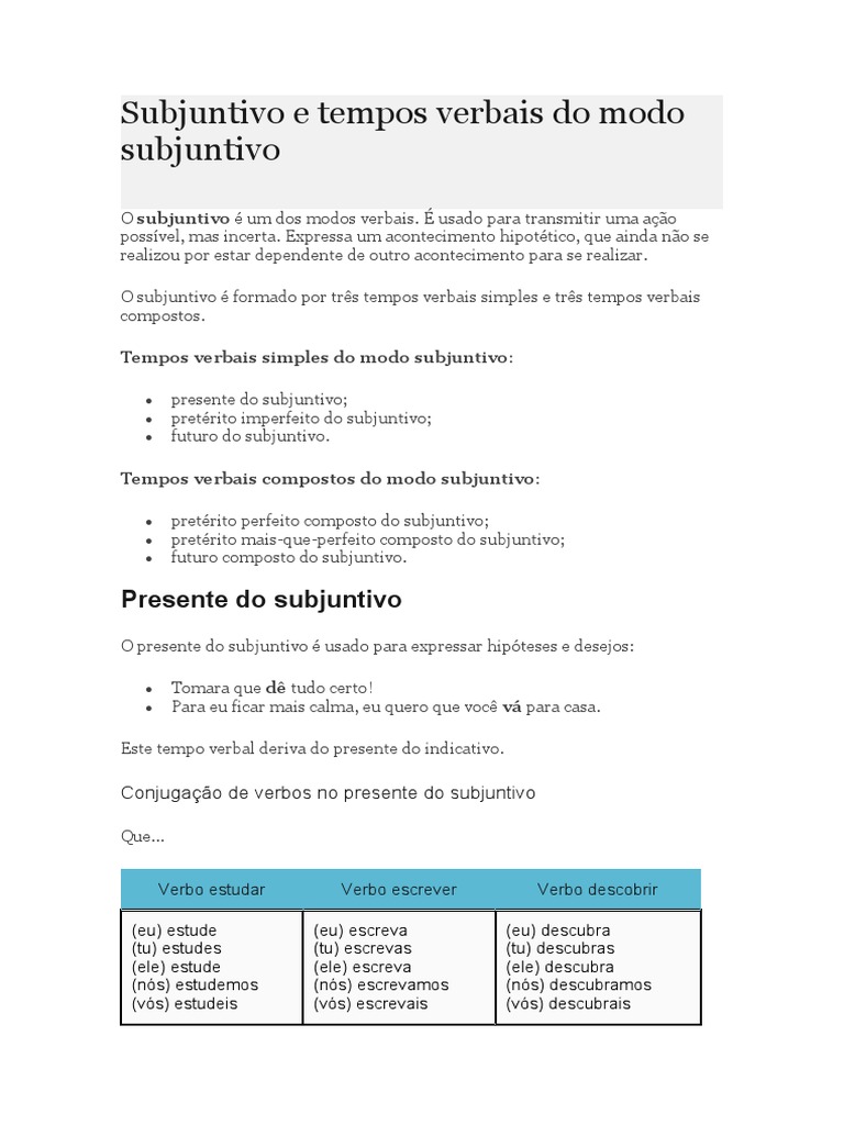 Subjuntivo e Tempos Verbais Do Modo Subjuntivo - 2 | PDF | Comunicação ...
