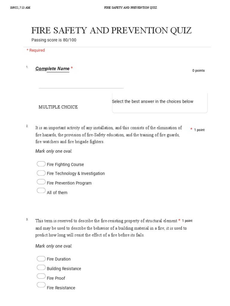 Fire Safety and Prevention Quiz 1.0 Google Forms PDF Fire Safety