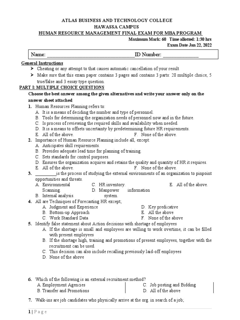 ATLAS BUSINESS AND TECHNOLOGY COLLEGE HAWASSA CAMPUS HUMAN RESOURCE