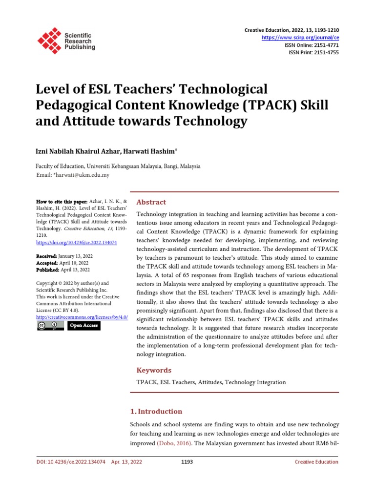 Level of ESL Teachers' Technological | PDF | Second Language | Learning