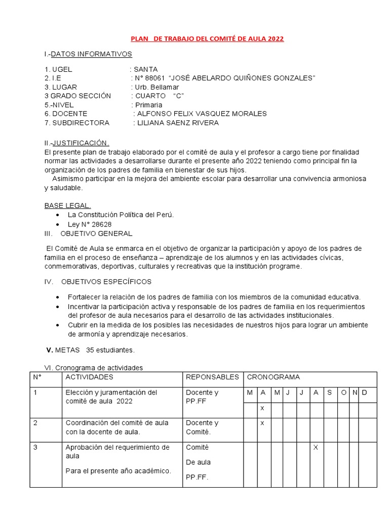Plan de Trabajo Del Comité de Aula 2022 | PDF | Salón de clases | Maestros