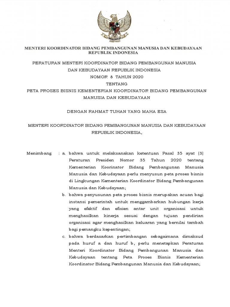 Permenko PMK 8 Tahun 2020 Tentang Peta Proses Bisnis Kemenko PMK | PDF