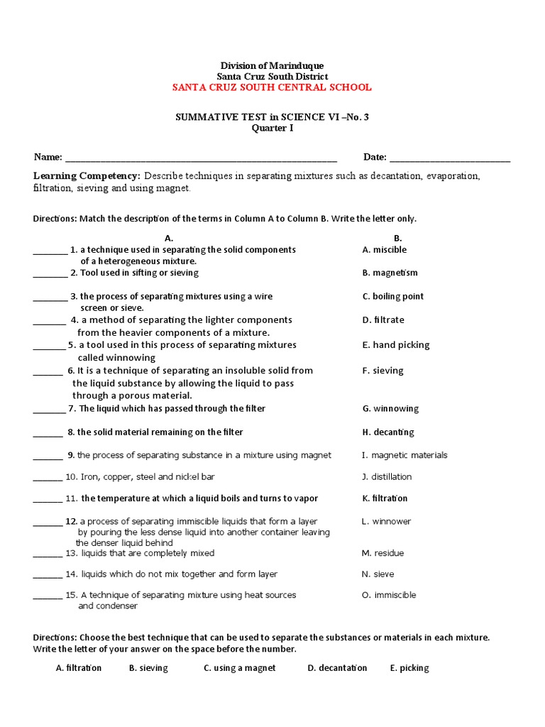 Science VI Summative Test on Mixture Separation | PDF | Filtration ...