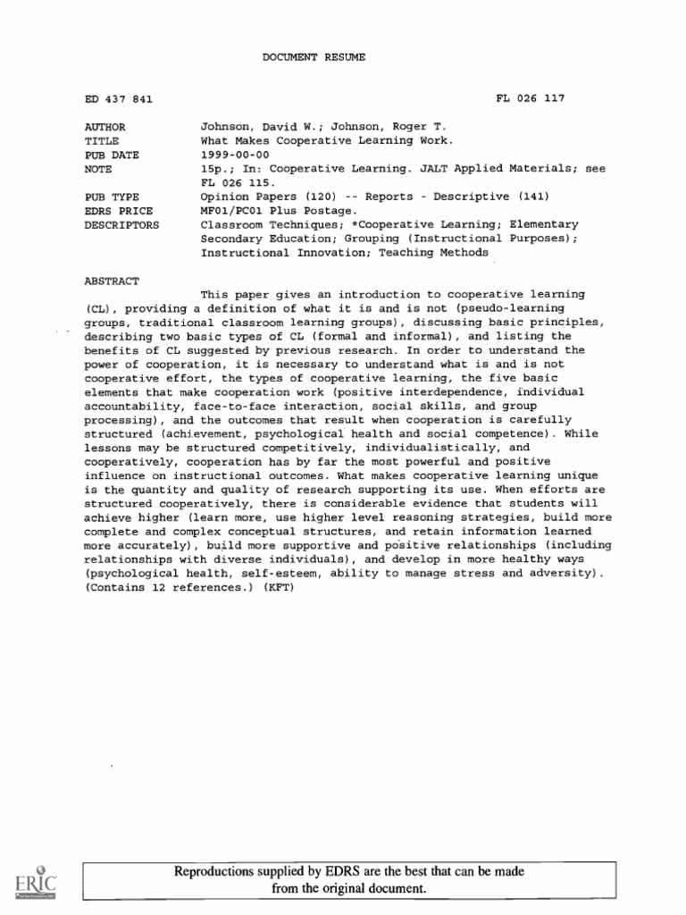 Characteristics of Cooperative Learning PDF Teachers Learning