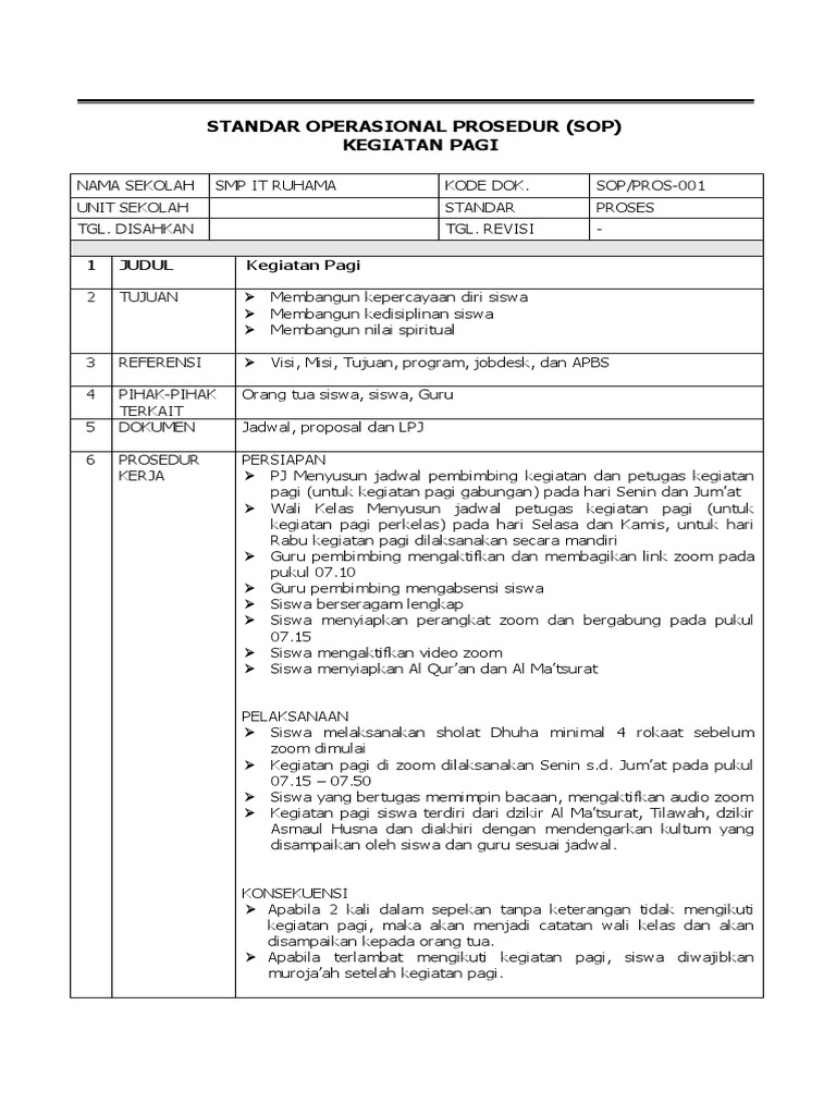 SOP Kegiatan Pagi SMP IT Ruhama | PDF