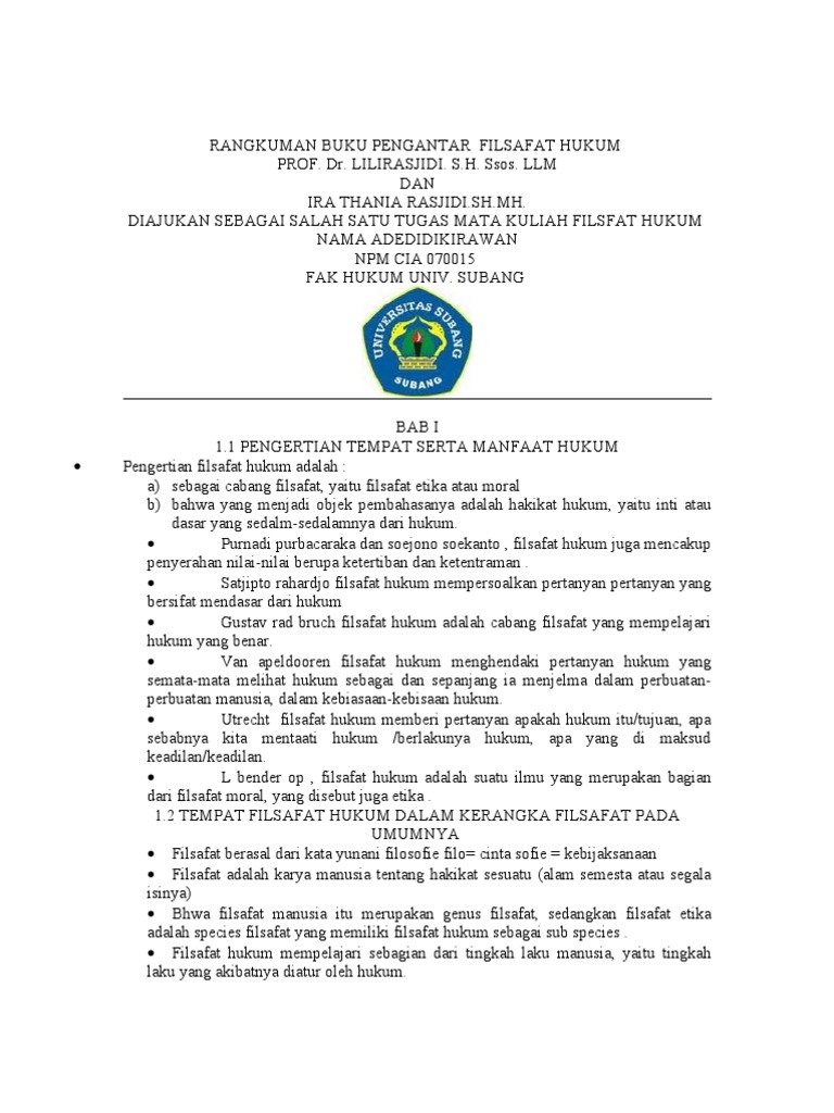 RANGKUMAN BUKU PENGANTAR FILSAFAT HUKUM PROF. Dr. LILIRASJIDI. S.H ...