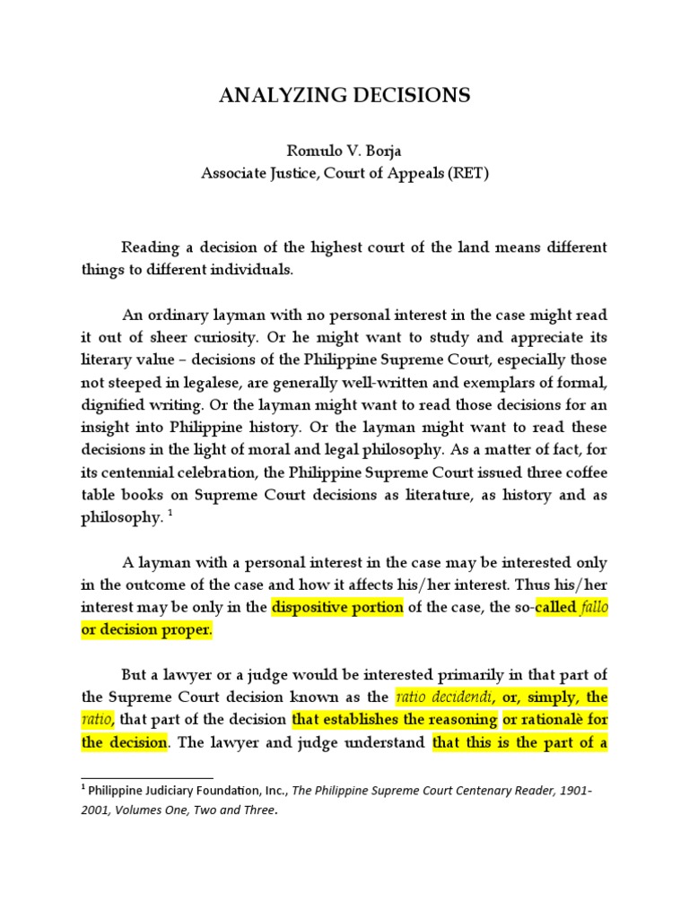 Analyzing Decisions PDF Supreme Court Of The United States Precedent