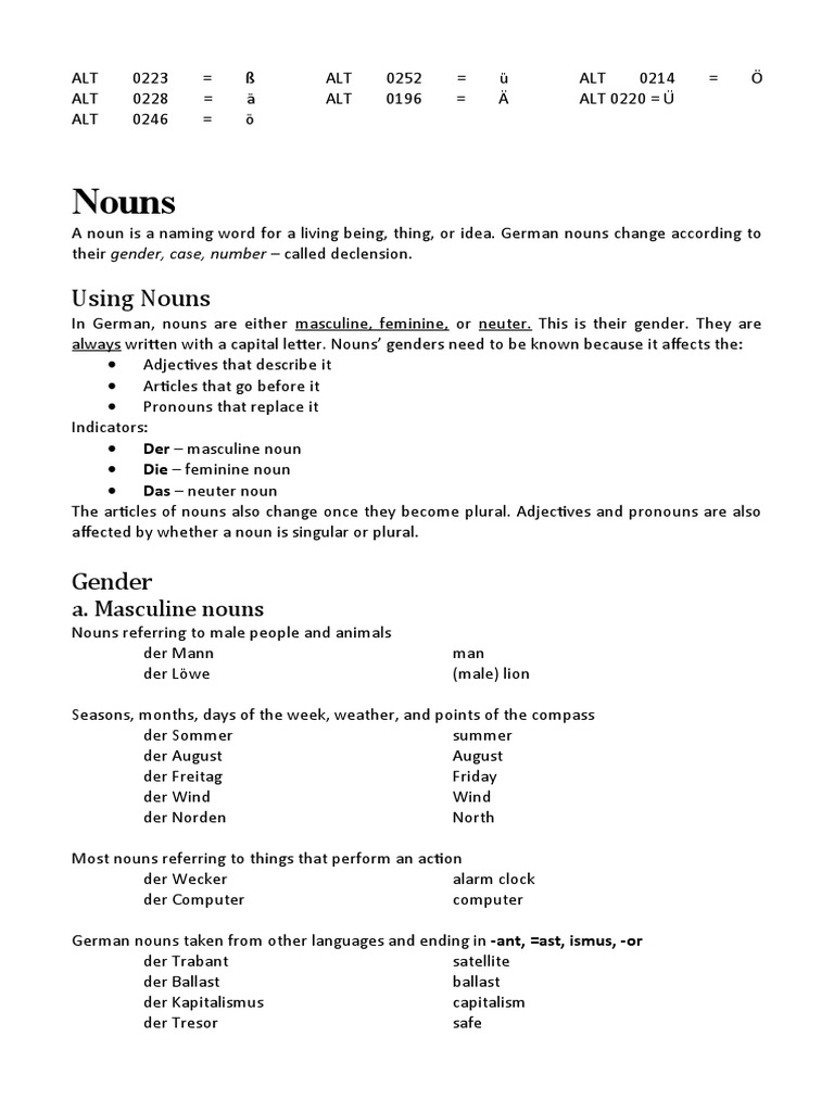 German Noun Gender and Cases Guide | PDF | Grammatical Gender ...