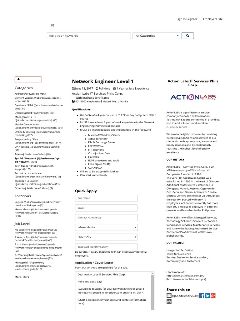 Network Engineer Level 1 Action Labs IT Services Phils Corp